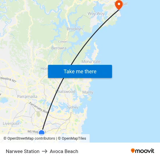Narwee Station to Avoca Beach map