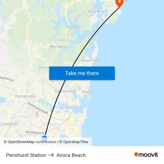 Penshurst Station to Avoca Beach map