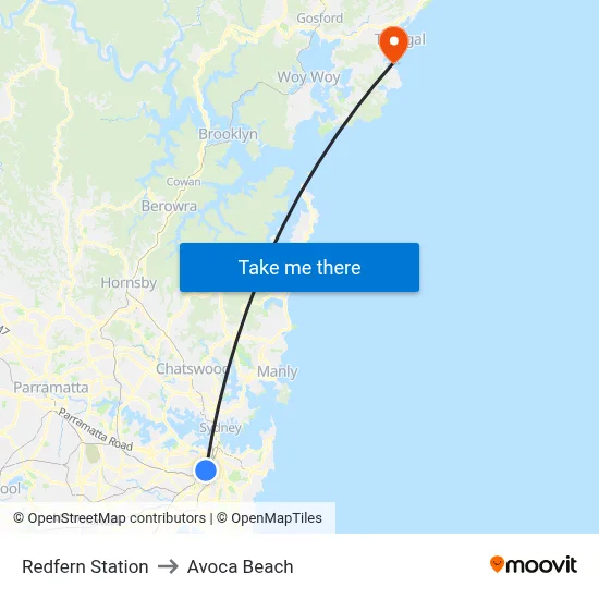 Redfern Station to Avoca Beach map