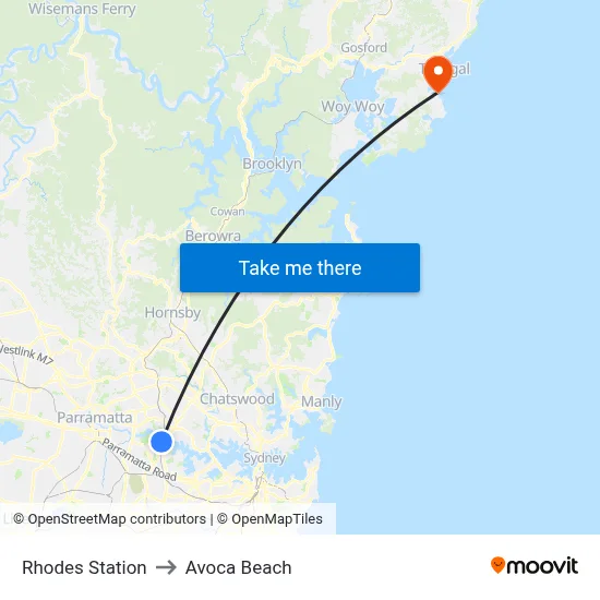 Rhodes Station to Avoca Beach map