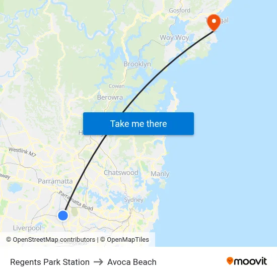 Regents Park Station to Avoca Beach map