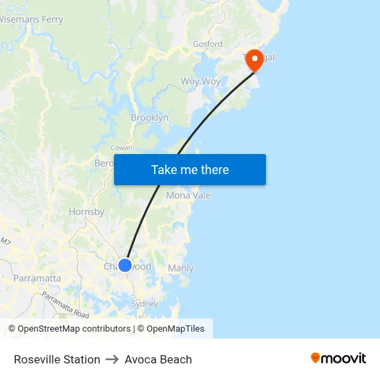 Roseville Station to Avoca Beach map