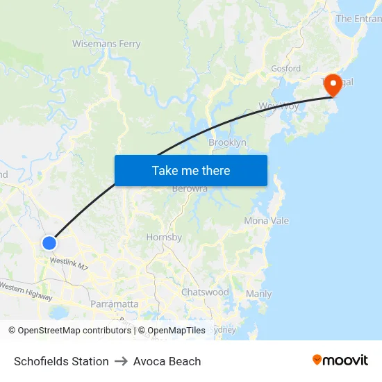 Schofields Station to Avoca Beach map