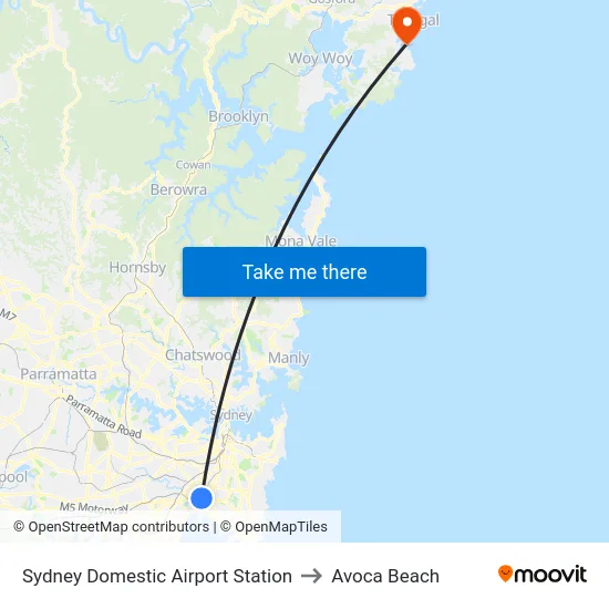 Sydney Domestic Airport Station to Avoca Beach map