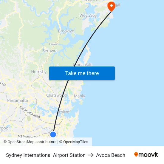 Sydney International Airport Station to Avoca Beach map
