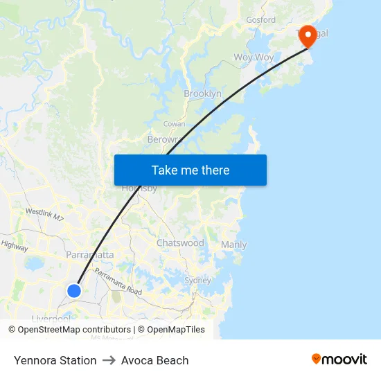Yennora Station to Avoca Beach map