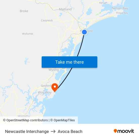 Newcastle Interchange Station to Avoca Beach map