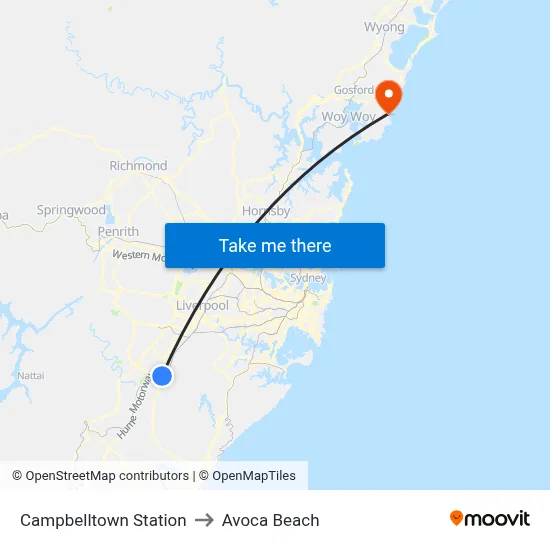 Campbelltown Station to Avoca Beach map