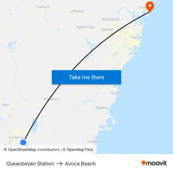 Queanbeyan Station to Avoca Beach map