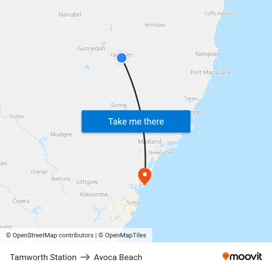 Tamworth Station to Avoca Beach map