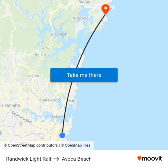 Randwick Light Rail to Avoca Beach map