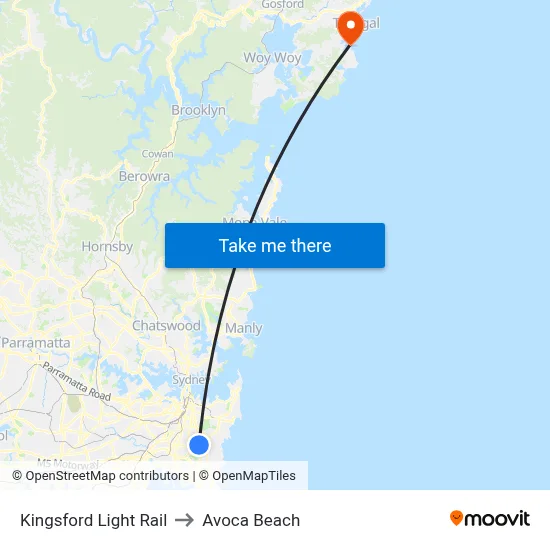 Kingsford Light Rail to Avoca Beach map