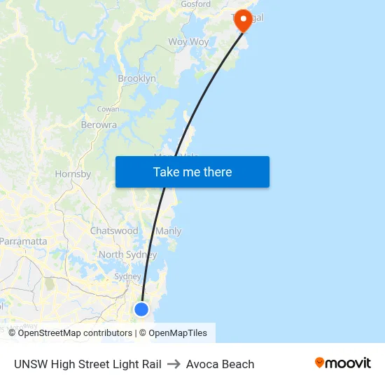UNSW High Street Light Rail to Avoca Beach map