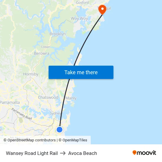 Wansey Road Light Rail to Avoca Beach map