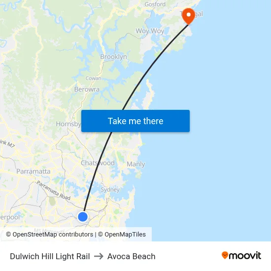 Dulwich Hill Light Rail to Avoca Beach map