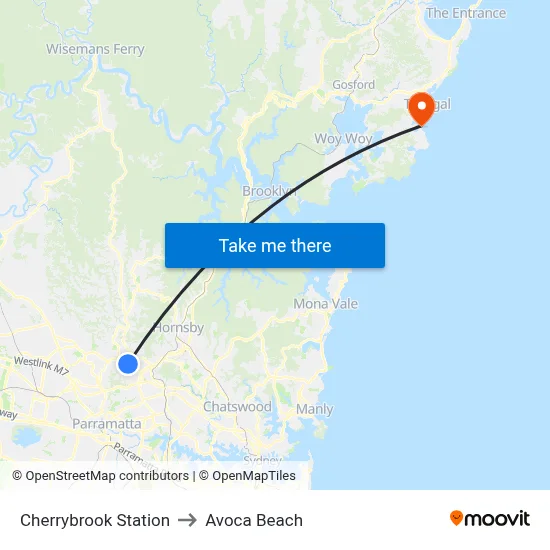 Cherrybrook Station to Avoca Beach map