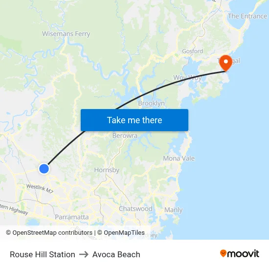 Rouse Hill Station to Avoca Beach map