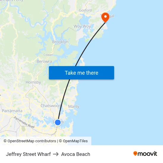 Jeffrey Street Wharf to Avoca Beach map