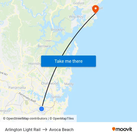 Arlington Light Rail to Avoca Beach map