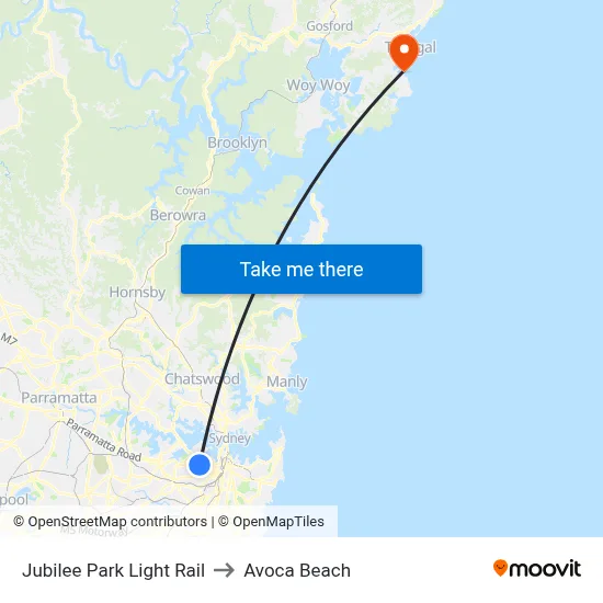 Jubilee Park Light Rail to Avoca Beach map