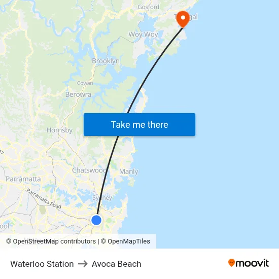 Waterloo Station to Avoca Beach map