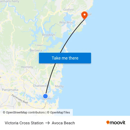 Victoria Cross Station to Avoca Beach map