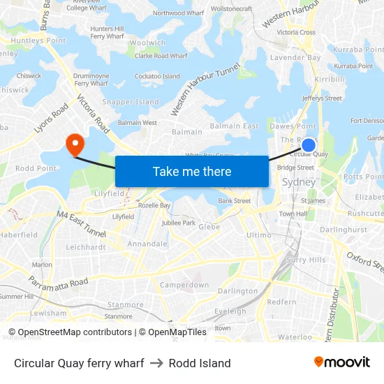 Circular Quay ferry wharf to Rodd Island map
