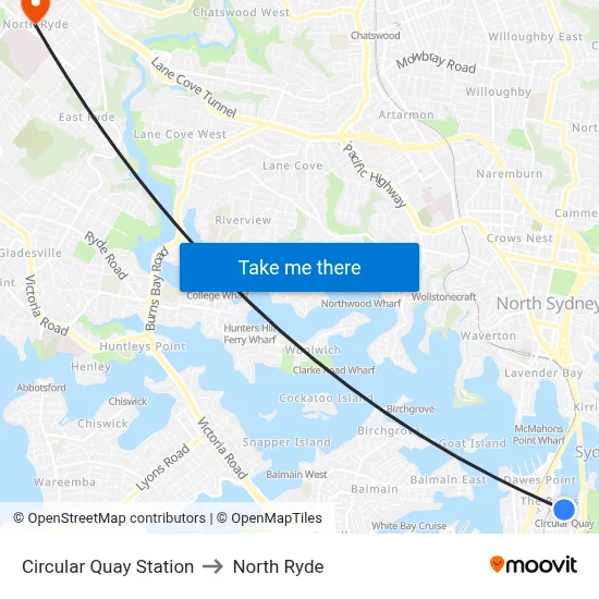Circular Quay Station to North Ryde map