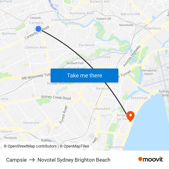 Campsie to Novotel Sydney Brighton Beach map