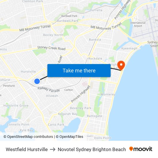 Westfield Hurstville to Novotel Sydney Brighton Beach map