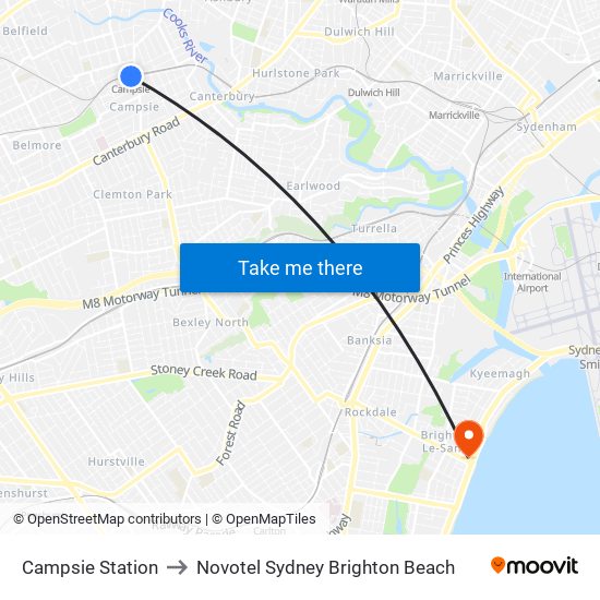 Campsie Station to Novotel Sydney Brighton Beach map