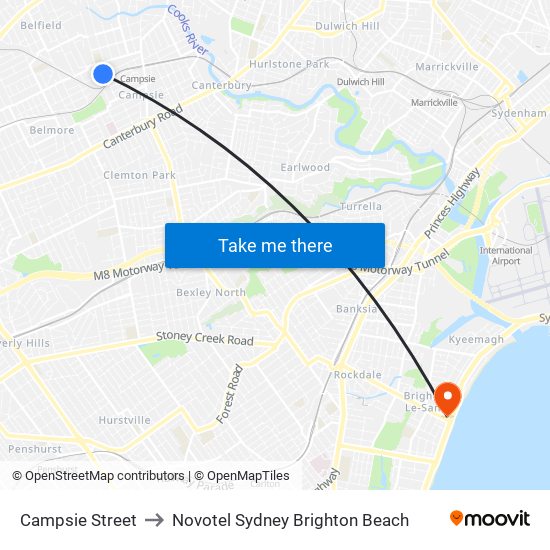 Campsie Street to Novotel Sydney Brighton Beach map