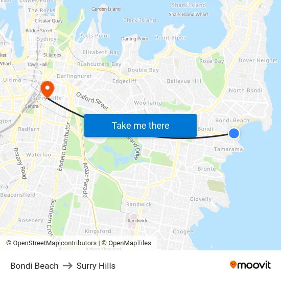 Bondi Beach to Surry Hills map