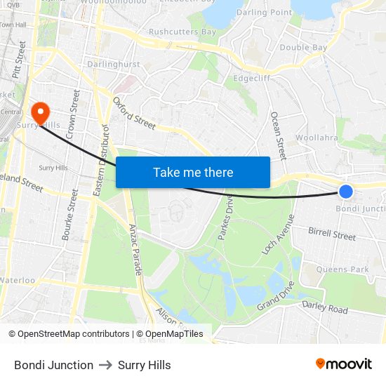 Bondi Junction to Surry Hills map