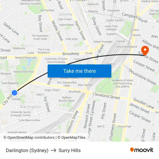 Darlington (Sydney) to Surry Hills map