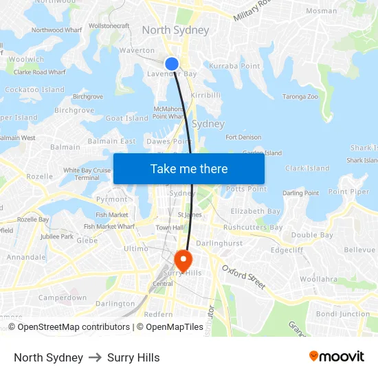 North Sydney to Surry Hills map