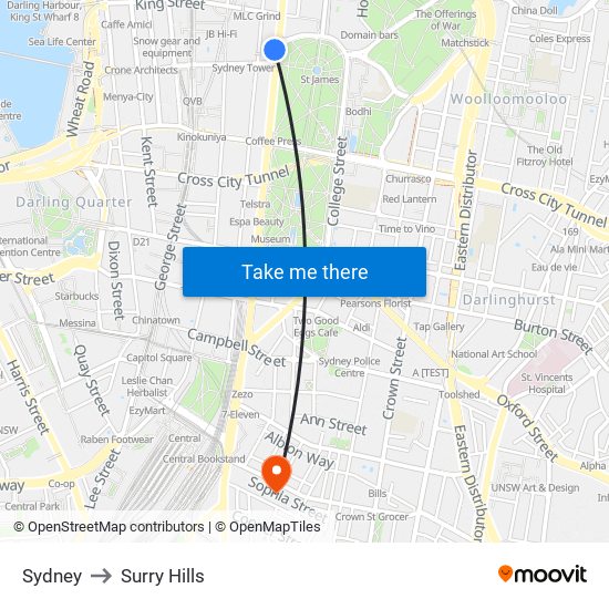 Sydney to Surry Hills map