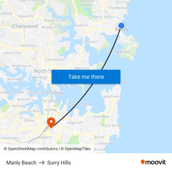 Manly Beach to Surry Hills map