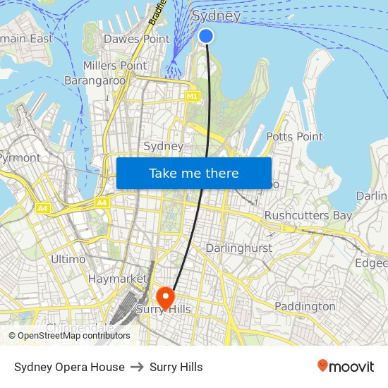 Sydney Opera House to Surry Hills map