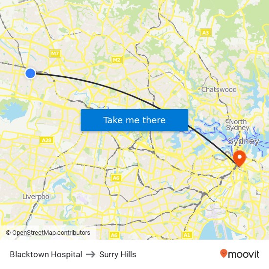 Blacktown Hospital to Surry Hills map