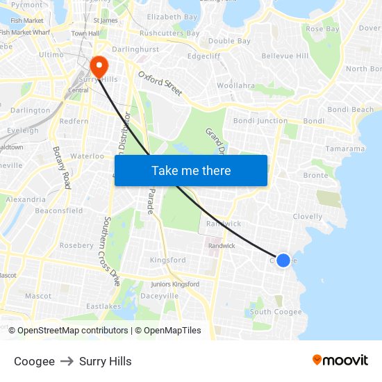 Coogee to Surry Hills map