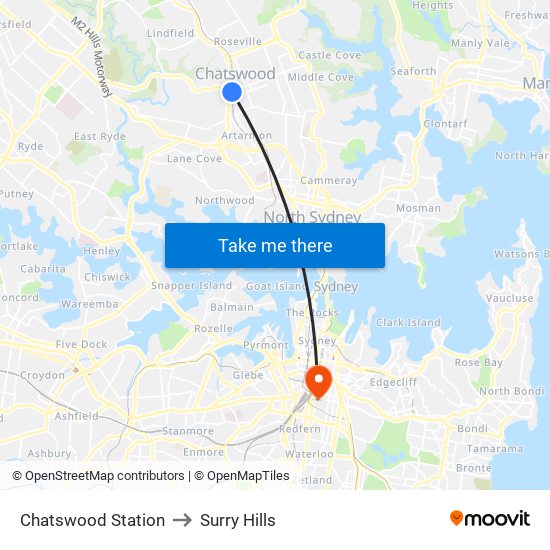 Chatswood Station to Surry Hills map