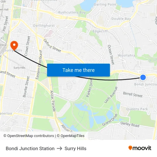 Bondi Junction Station to Surry Hills map