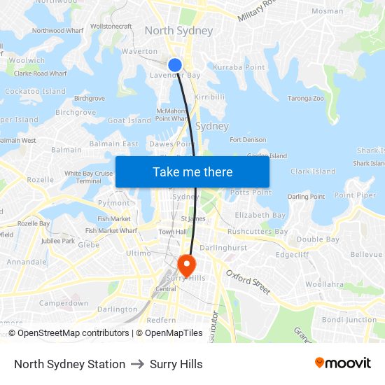 North Sydney Station to Surry Hills map