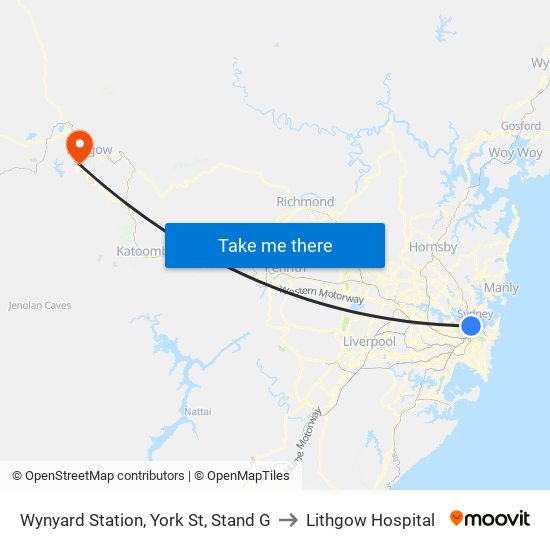 Wynyard Station, York St, Stand G to Lithgow Hospital map