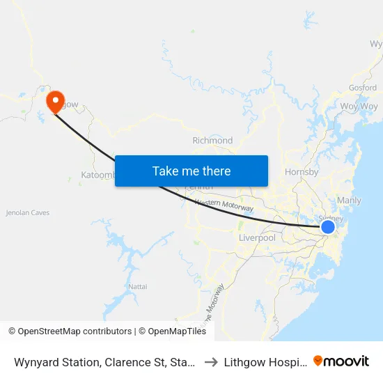 Wynyard Station, Clarence St, Stand T to Lithgow Hospital map