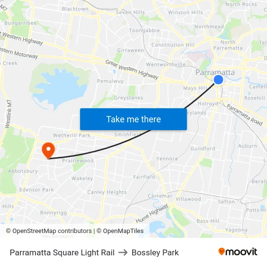 Parramatta Square Light Rail to Bossley Park map