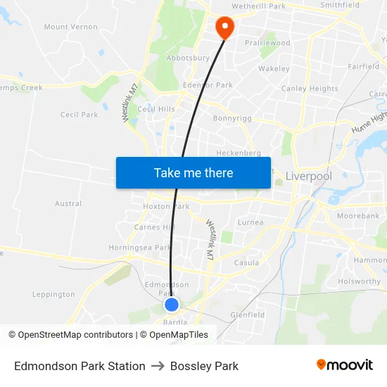 Edmondson Park Station to Bossley Park map