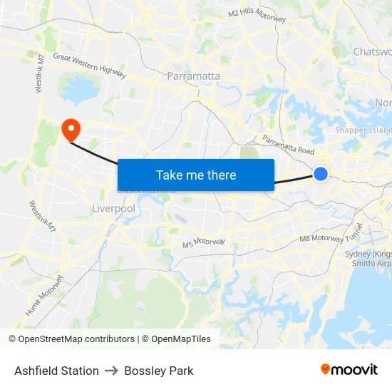 Ashfield Station to Bossley Park map
