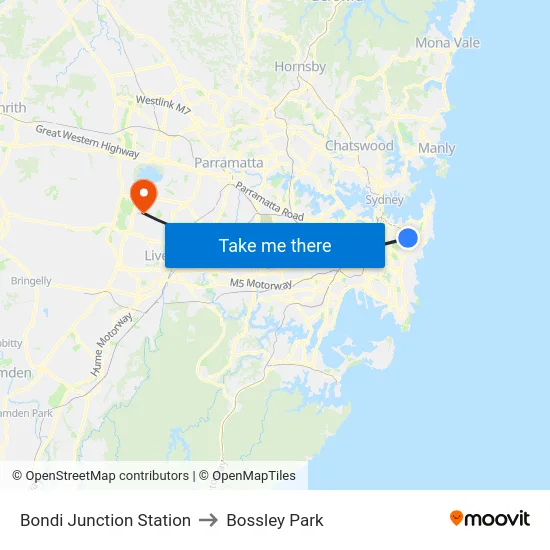 Bondi Junction Station to Bossley Park map